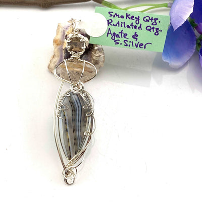 Smoky Quartz, Rutilated Quartz, and Agate in Sterling Silver - Pendant